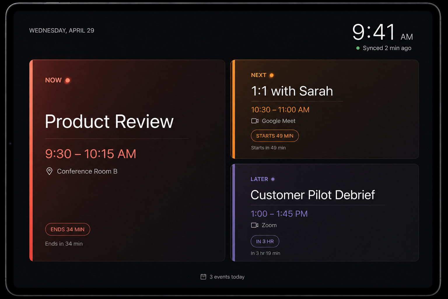 Cromulynt product interface showing calendar events on a tablet display.